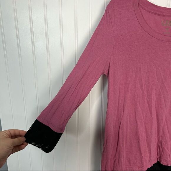 LOGO By Lori Goldstein Top XS Pink Black Lace Trim Tunic Stretch A202822 - Picture 4 of 6